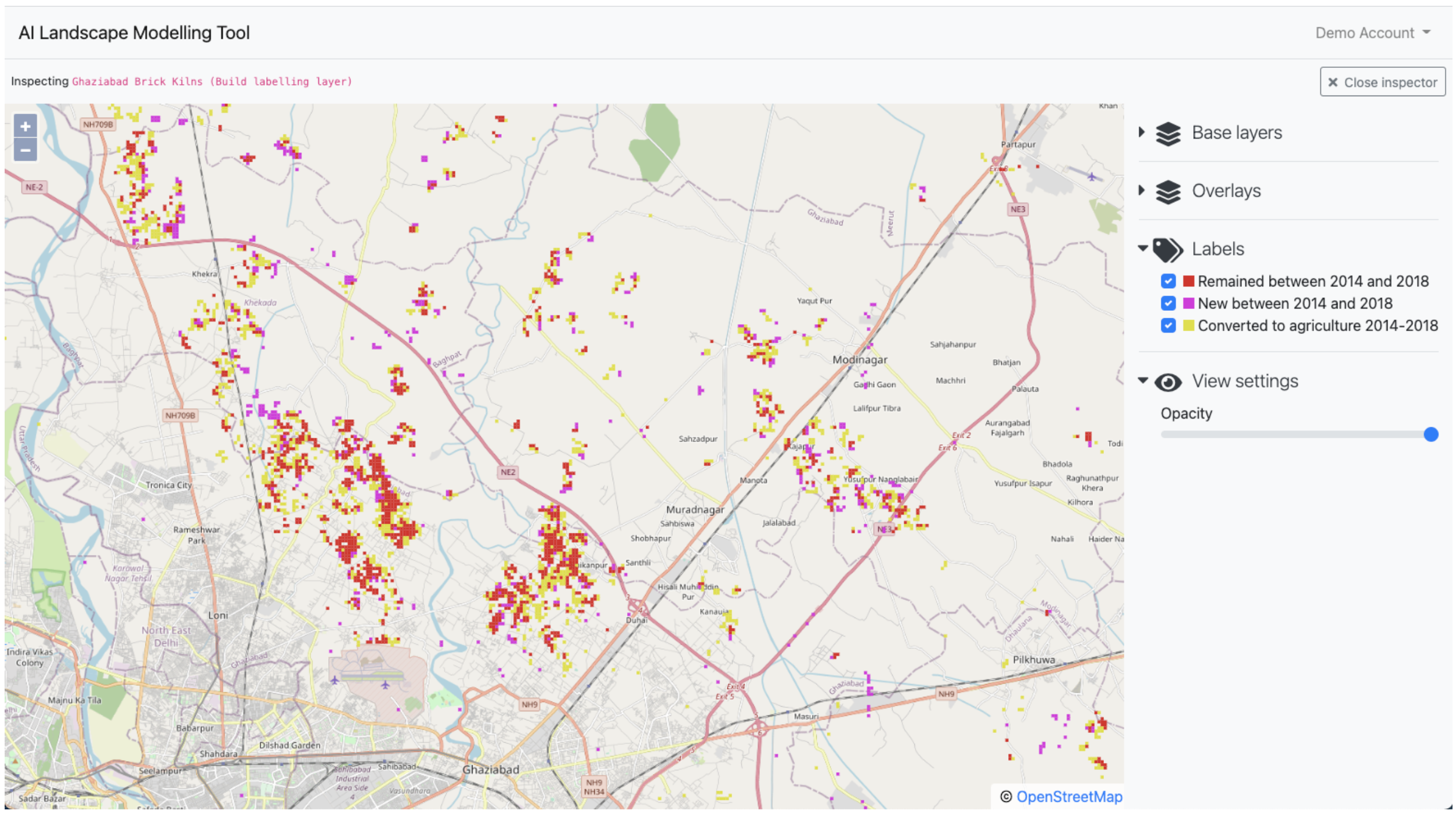 Map of Ghaziabad showing changes in brick kilns