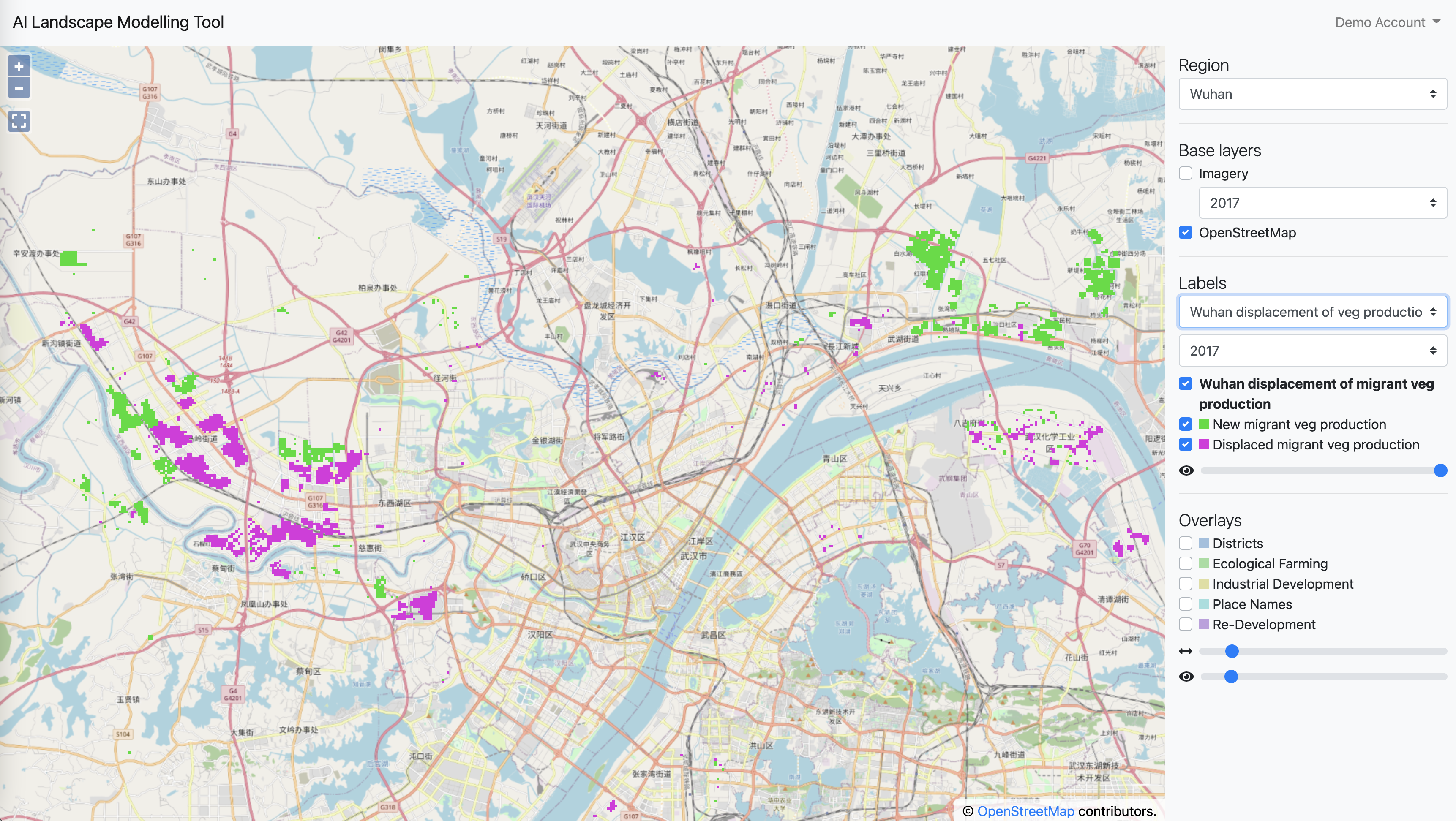 Map of Wuhan showing displacement of migrant vegetable farmers