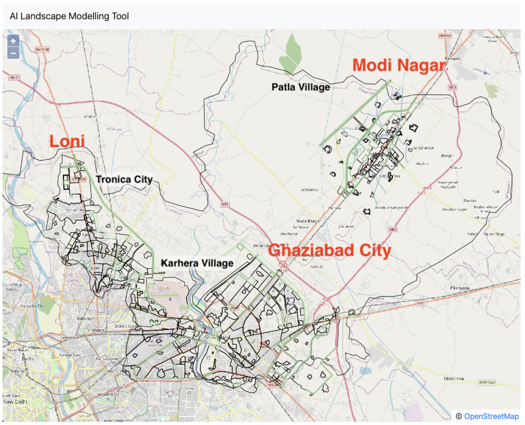 Map of Ghaziabad district showing three masterplan areas