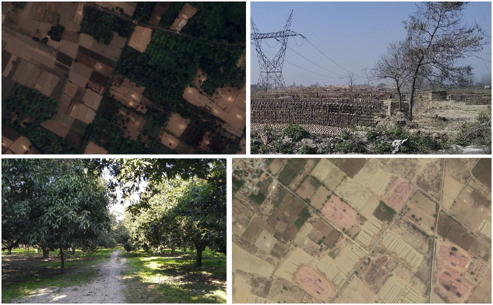 Satellite imagery and photos of fields, orchards and brick kilns
